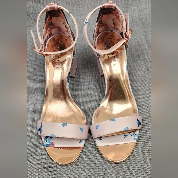 Ted Baker Manyah Pink Floral Print Block Heeled Sandals. 7 - Picture 4 of 12